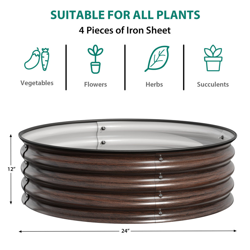 2x1ft Round Galvanized Raised Garden Bed, Rust-Resistant Metal Planter with Rubber Edging, Open Bottom, Wood , 1, Brown