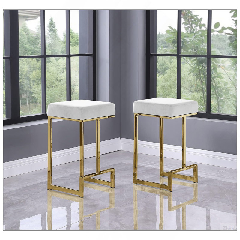 Tabouret de comptoir en velours blanc de 25 po de hauteur sans dossier en métal avec base dorée (ensemble de 2), Gold