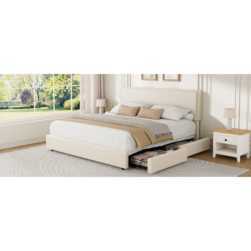 Structure de lit très grand en molleton, lit plateforme tapissier avec 2 tiroirs de rangement, tête de lit à hauteur réglable en nuage, lit en tissu doux et épais, style moderne, aucun sommier requis, crème