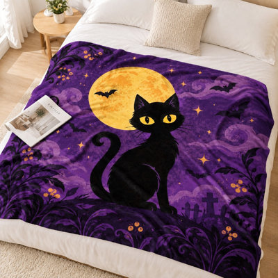 Jeté de lune en forme de chat noir 1Pcs - conception de style gothique avec des chauves-souris et des étoiles; chaleureux pour le décor de la maison