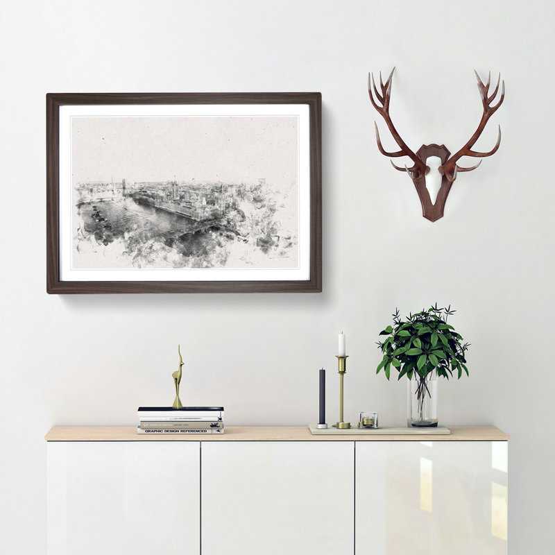 London City Skyline Watercolour - Picture Frame Graphic Art Print, 24cm H x 33cm W x 2cm D, Walnut Framed