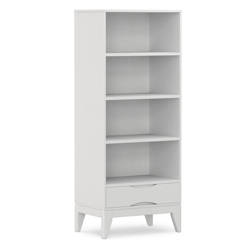 Bibliothèque Harper en bois massif de style Mid-Century 60 "avec tablettes ouvertes et pieds fuselés, Blanc