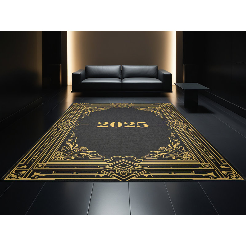 Machine Washable Torresdale New Years Modern & Contemporary Abstract Rug in Black – Black Binding, 8x10
