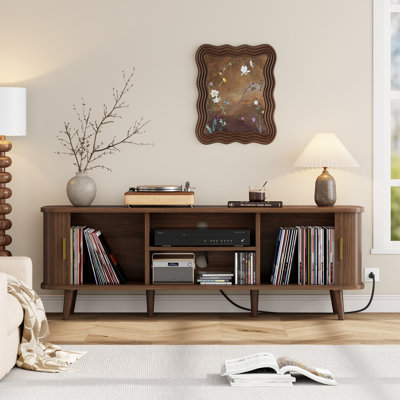 59" Modern Wood TV Stand for 65 Inch TV, Entertainment Centre with  Charging Station，Sliding Tambour Door Media Console with Adjustable Shelves
