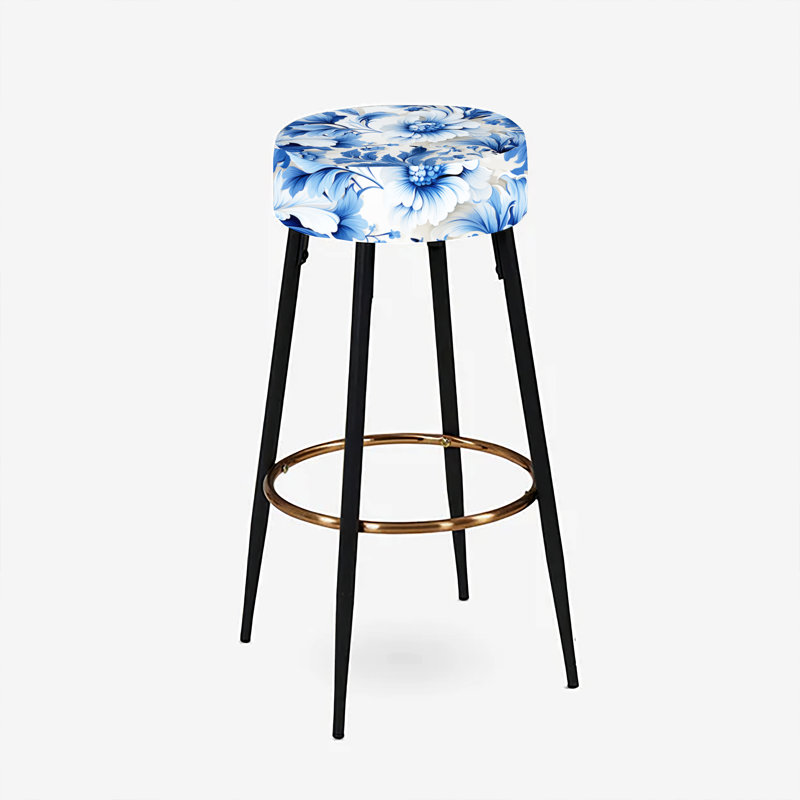 Ensemble de 2 tabourets de bar à motif victorien bleu cobalt et feuilles d'acanthe
