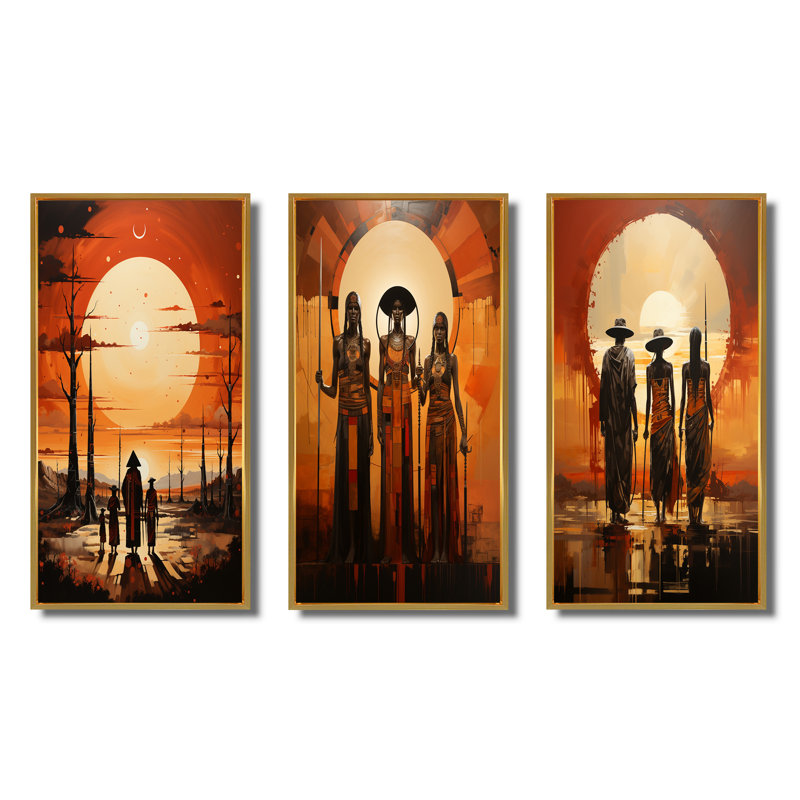 «Native American Art Tribal Vision», 3 pièces, H 32 po x l 48 po, Cadre flottant doré