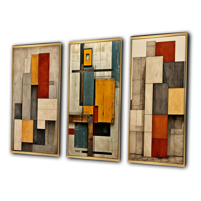 «Simplicity Of Beauty Vintage Minimal Geometrics», 3 pièces sur toile, Cadre flottant doré, H 20 po x l 36 po