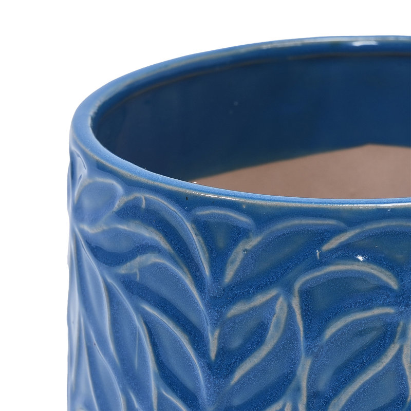 Handmade Ceramic Planter Set Of 2, 6" & 8" Diameter, Deep Blue With Leaf Pattern, For Succulents & Herbs Indoor/Outdoor Shelf & Table Use, Breathable Clay With Saucers