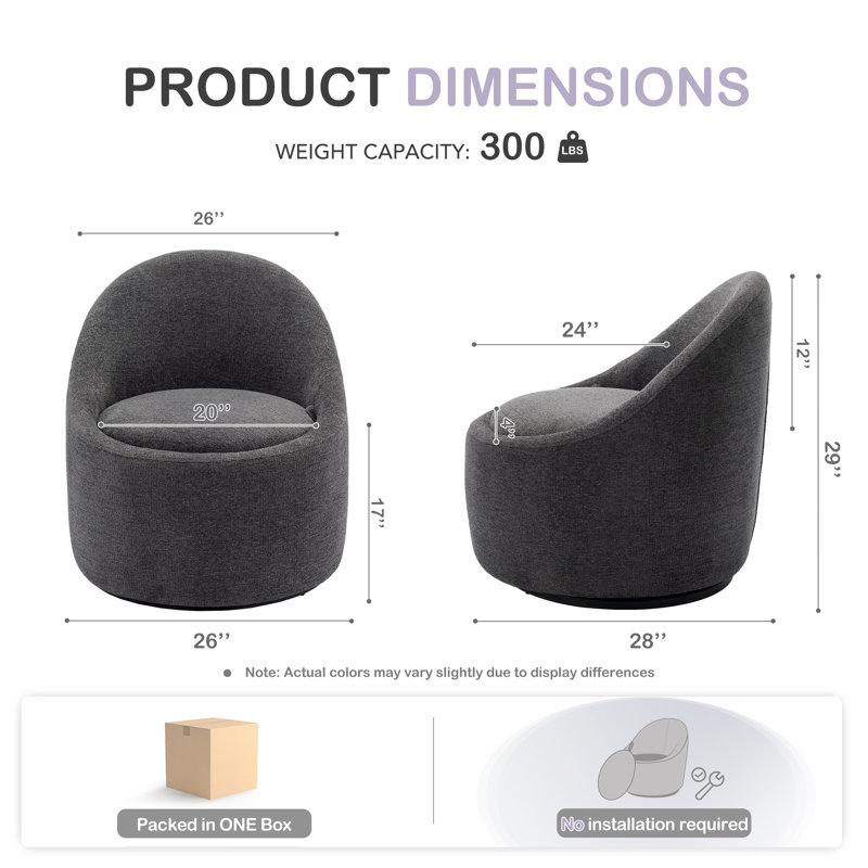 Modern Small Barrel Swivel Accent Chair with Hidden Storage,No installation required, Dark Grey Fabric