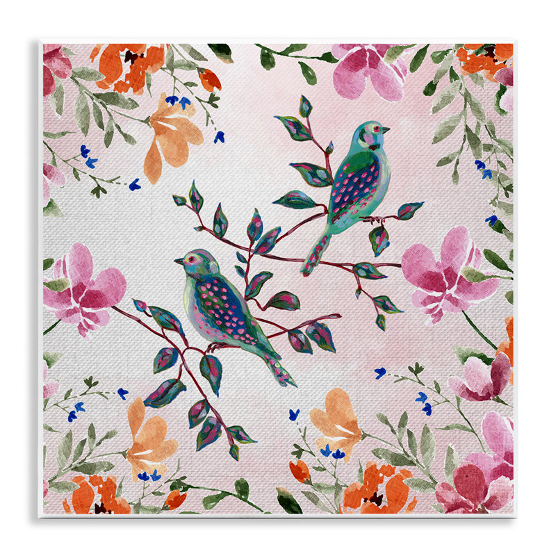 Plaque murale Deux oiseaux et fleurs de campagne, design par Adonna Ebrahimi