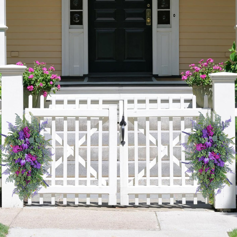 2 pièces couronne de printemps pour porte d'entrée, guirlande de printemps en forme de goutte, guirlande de fleurs de tulipe lavande artificielle avec feuilles vertes, couronne de guirlande florale artificielle pour décoration murale de fenêtre