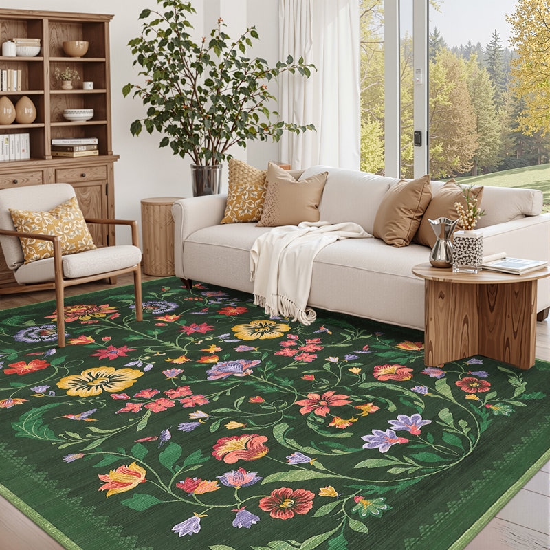 Floral Machine Washable Rug Non-Slip Farmhouse Floor Cover, Stain-Resistant Low Pile Indoor Carpet Mat for Living Room