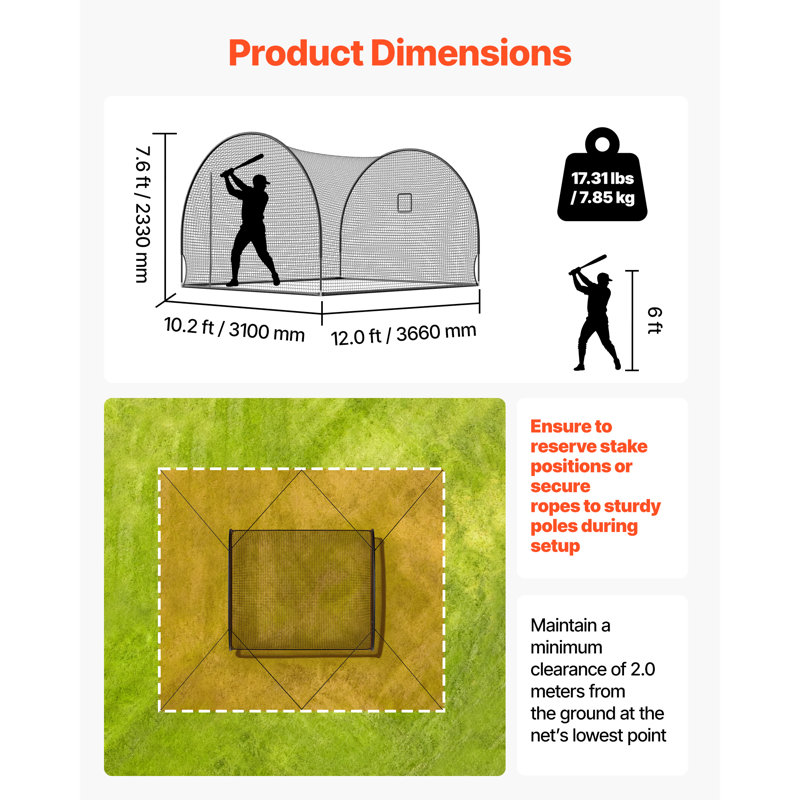Cage de baseball, 12 po x 10,2 po x 7,6 pi, cage portative autoportante, cages avec polyester sans nœuds à 4 plis et ouverture de machine à lancer, filet de cage pour l'extérieur