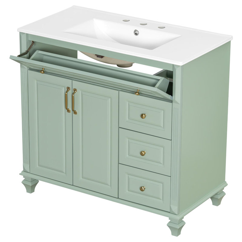 Meuble-lavabo de salle de bain avec lavabo, Vert, Doré, 36"