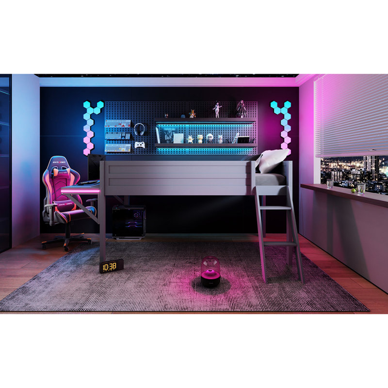 Lit de bureau de jeu gris à simple DEL gris - Rehaussez le décor et la fonction de votre chambre à coucher avec un loft pour créer un espace confortable