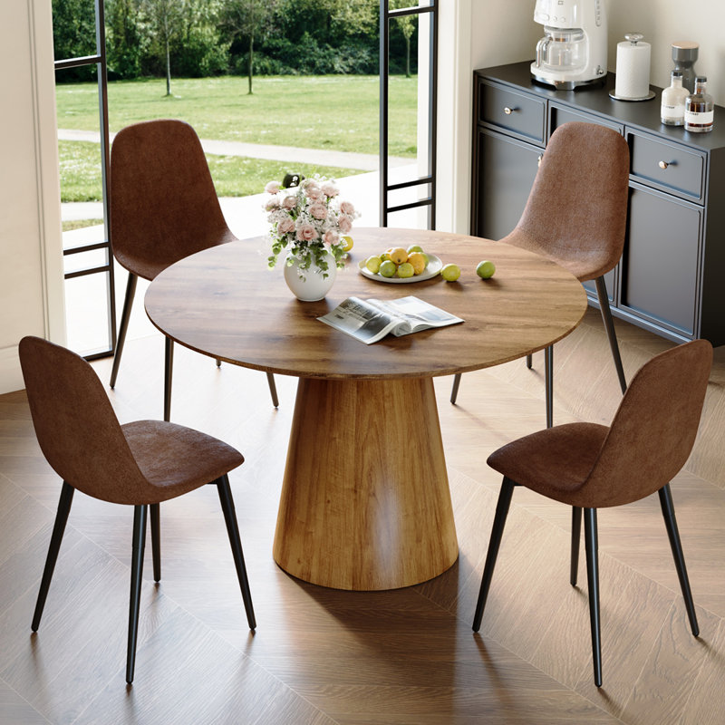 45" Round Dining Table Set for 4, 5-Piece Kitchen Table and Chairs With Faux Wood-Grain Tabletop & Faux Suede Chairs., 5
