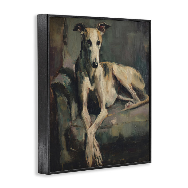 Estampe numérique Regal Comfort Whippet, conception de Svetlana Aleynikova, H 30 po x l 24 po, Giclée encadrée noir minuit