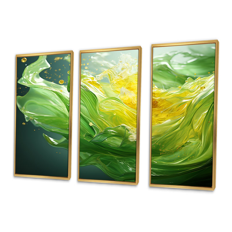 «Green and Yellow Harmonious Chaos II - Abstract Collages», art mural, Cadre flottant doré, H 32 po x l 48 po x P 1 po