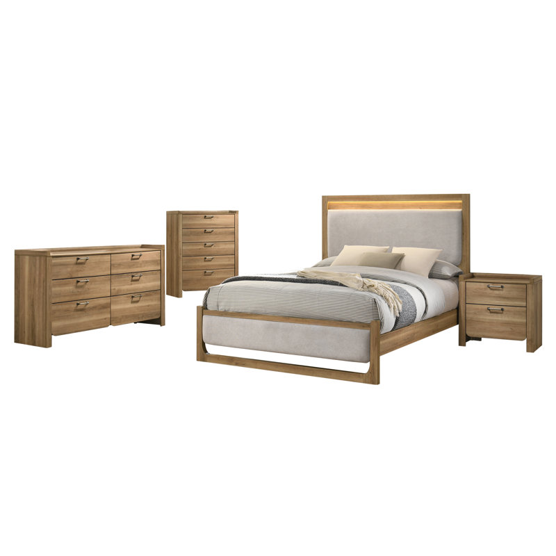 Ensemble de chambre à coucher de style transitionnel 4 pièces, lit tapissier à lumière DEL (sommier requis), table de chevet, commode et commode, finition bois naturel