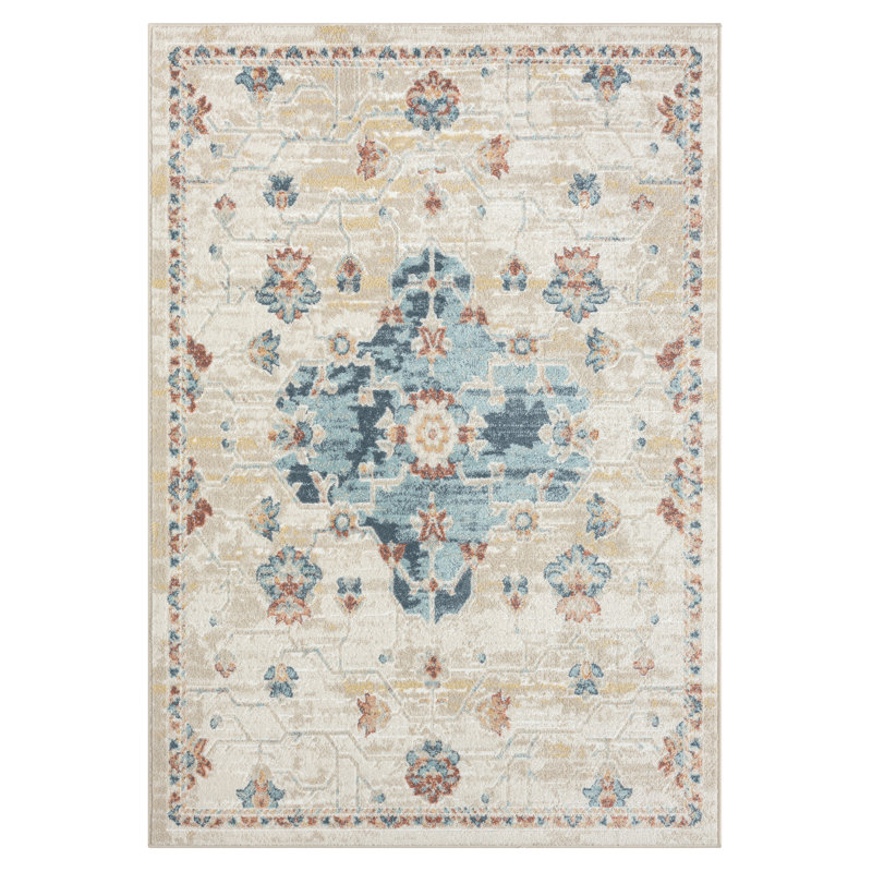 Evelyn Performance Ornate Traditional Floral Blue/Ivory Rug, Rectangle 5'3" x 7'6"