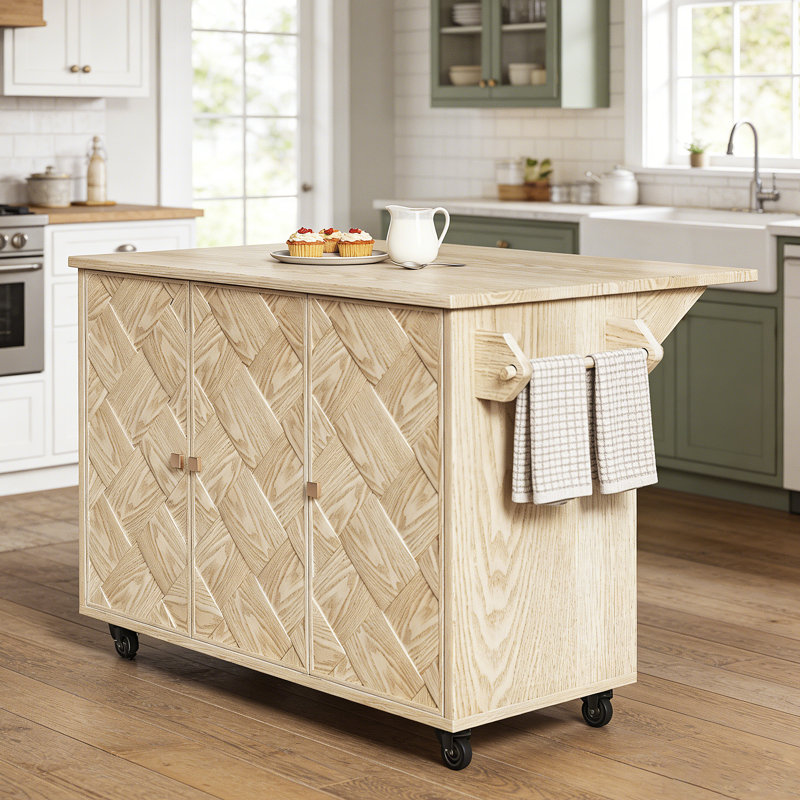 51.2"W Solid Wood Kitchen Island Cart - Rolling Kitchen Prep Table With Drop Leaf,Towel Rack,Storage Cabinet & Adjusted Shelf, Natural Wood