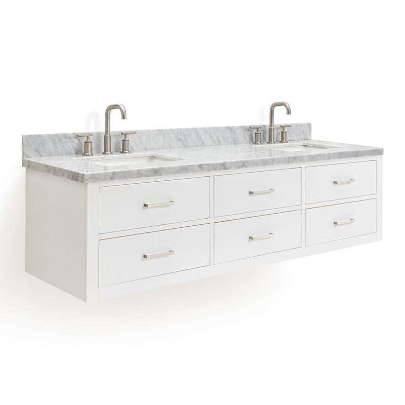 Ensemble de meuble-lavabo double mural 73 po Macolm, Blanc, Nickel brossé, 73"