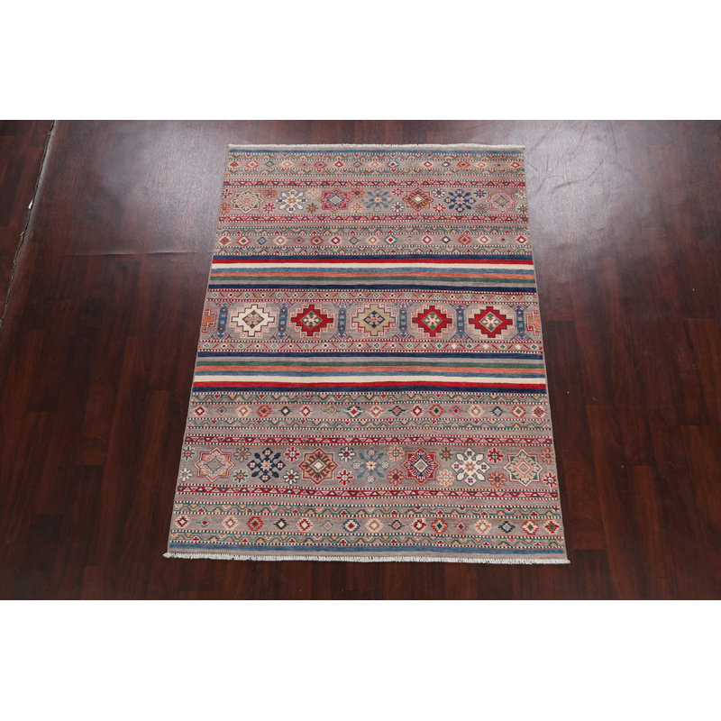 Tapis gris / rouge / bleu en laine noué à la main de conception unique 4 pi 11 po x 6 pi 8 po New Age
