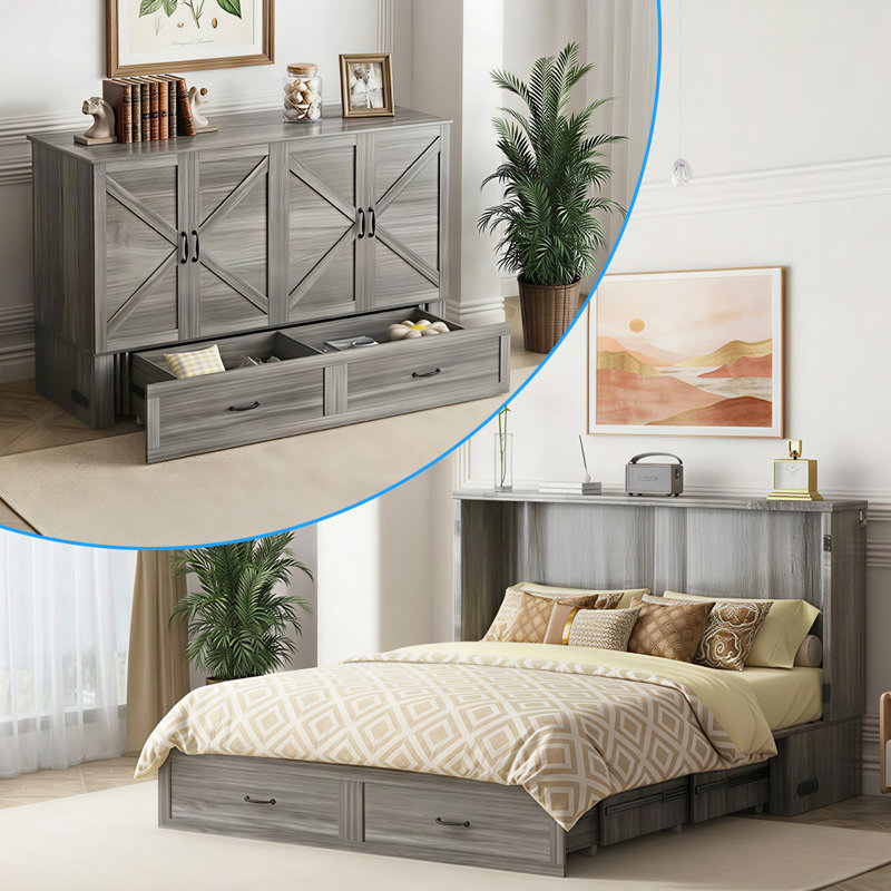 Queen Murphy Bed with Built In Chariging Station & 2 Drawers, Grey, Heather Gray
