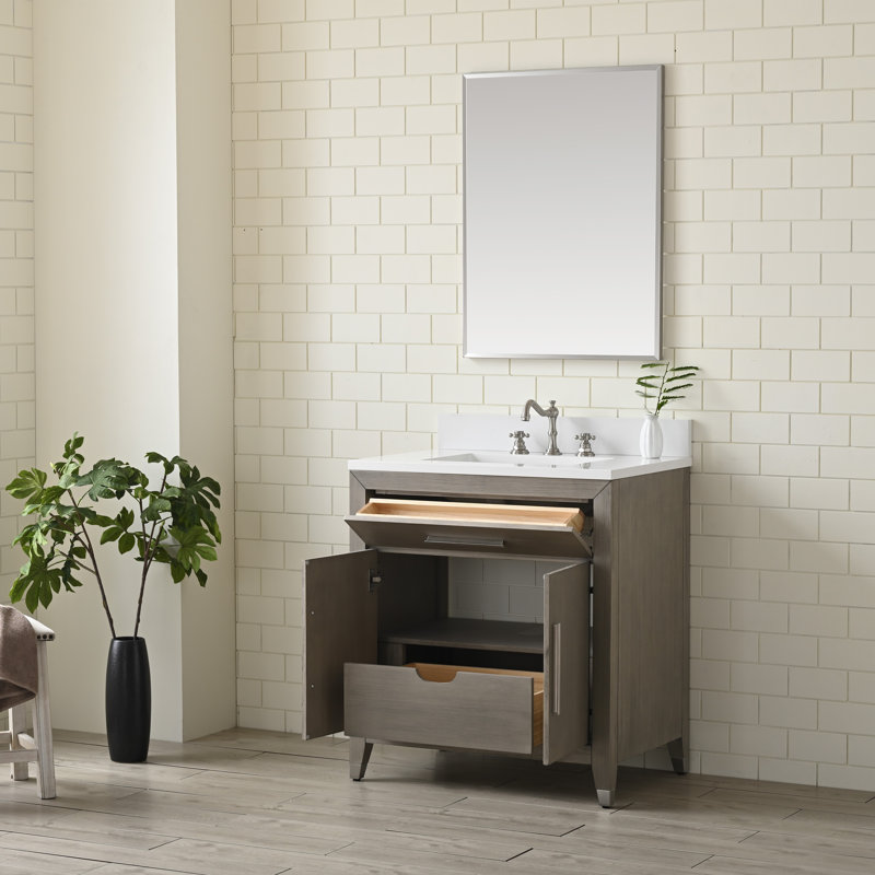 Meuble-lavabo sur pied simple 30,25 po Maddison avec plateau en pierre reconstituée, Chêne brossé héritage