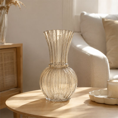 D6,3 x H 11,4 po, vase décoratif en verre ambré avec texture nervurée et col évasé, vase à fleurs décoratif pour centre de table, entrée de salon
