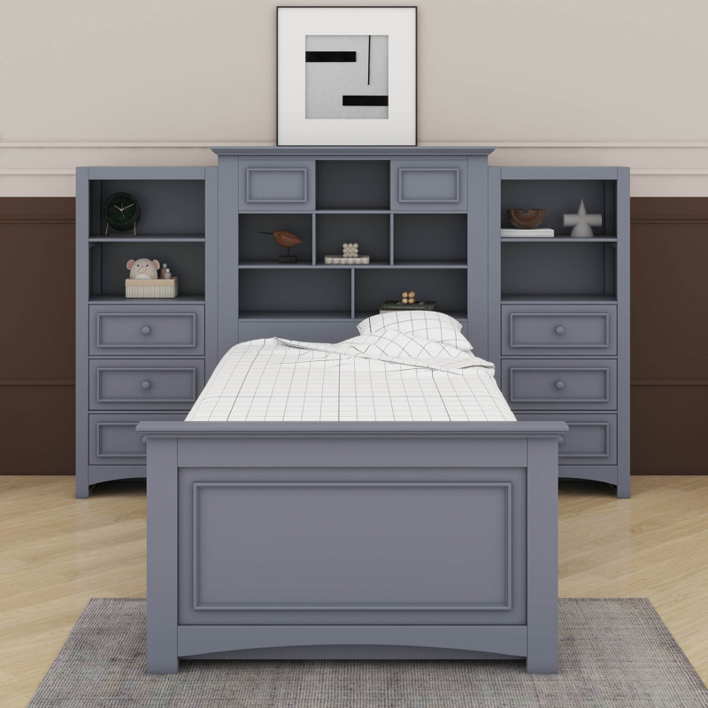 Lit plateforme simple en bois avec armoire verticale et tiroirs, gris