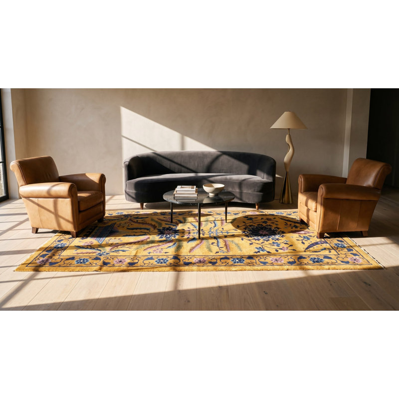 Tapis art déco rectangulaire jaune et doré en laine des années 1920