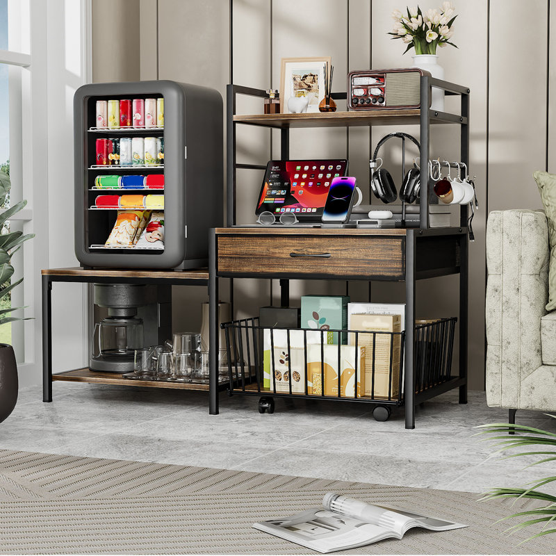Mini Fridge Stand With Storage, Mini Refrigerator Stand With Power Outlet, Wine Fridge Table With Movable Storage Basket, Heavy Duty Beverage Refrigerator Table For Dorm Home Use (black)