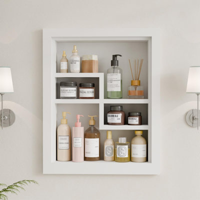  14x18 In Recessed Wood Bathroom Wall Cabinet, 2-Tier Solid Wooden Medicine Cabinet Organizer & Wall Niche With Storage , New White