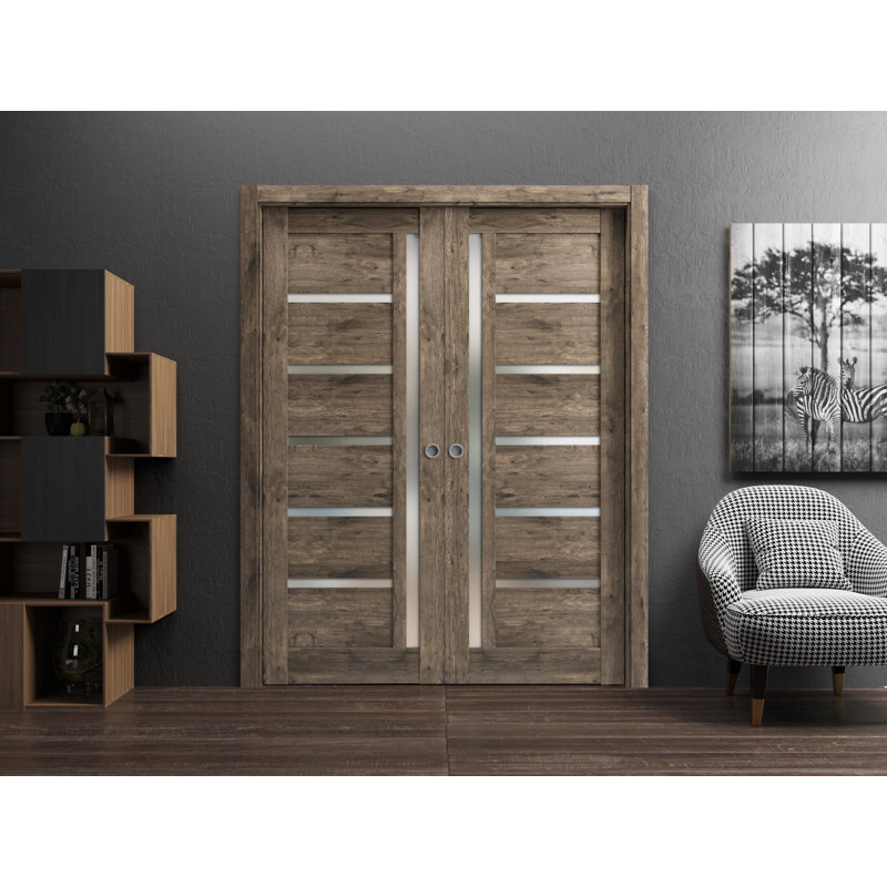 Panelled Wood Quadro Sliding Closet Doors, Cognac Oak, 64" x 84"