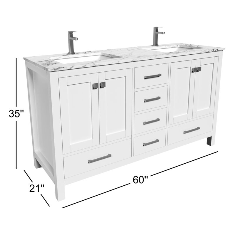 Meuble-lavabo autoportant 60 po Anvay en blanc mat avec plateau en marbre de Carrare, Marbre de Carrare blanc, Blanc mat