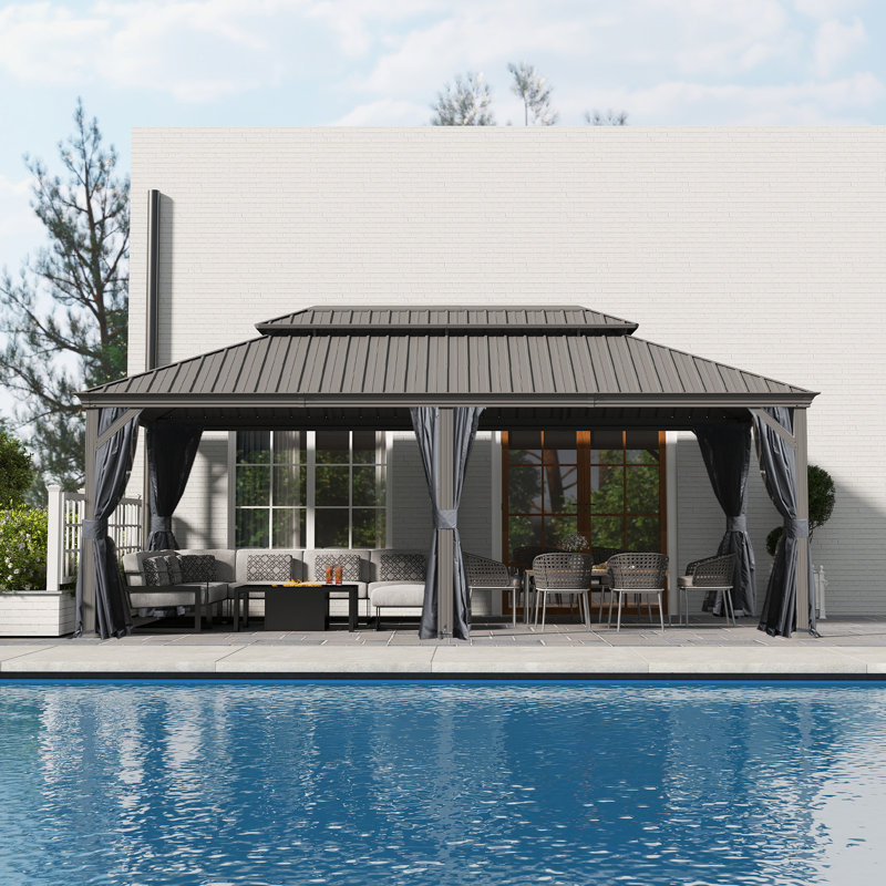 22 Ft. W x 14 Ft. D Galvanized Steel Patio Gazebo with Double Roof, Gray, Matte Black