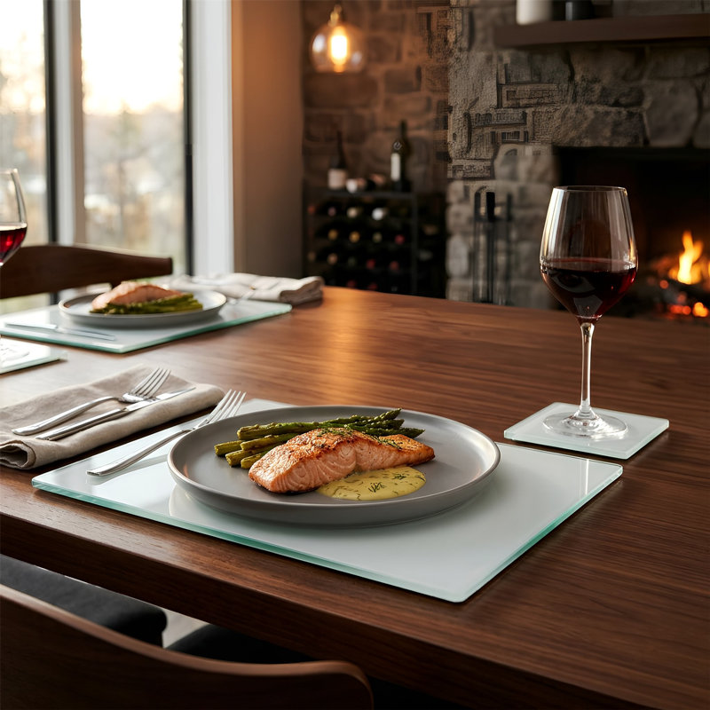Harbour Housewares - 12pc Glass Placemats & Square Coasters Set - 30cm x 20cm, White