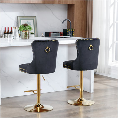 Furniture, tabourets de bar pivotants en velours épais dorés d'une hauteur de siège réglable de 27 à 35 pouces, tabourets de bar rembourrés modernes avec dossier capitonné confortable pour un pub à domicile et un îlot de cuisine (noir, ensemble de 2)