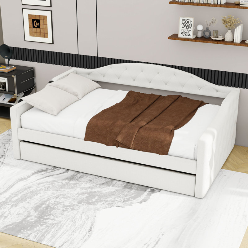 Twin Velvet Upholstered Daybed with Tufted Detailing, Twin Trundle and USB & Type-C Ports, Beige