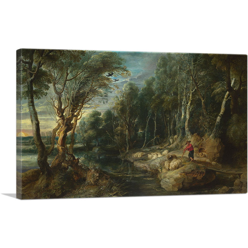«A Shepherd with His Flock in a Woody Landscape 1615» par Peter Paul Rubens - reproduction d'art sur toile tendue