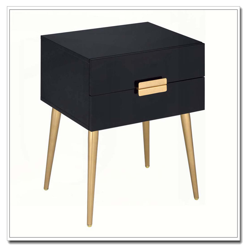 Black Side Table with 2 Drawer, Black