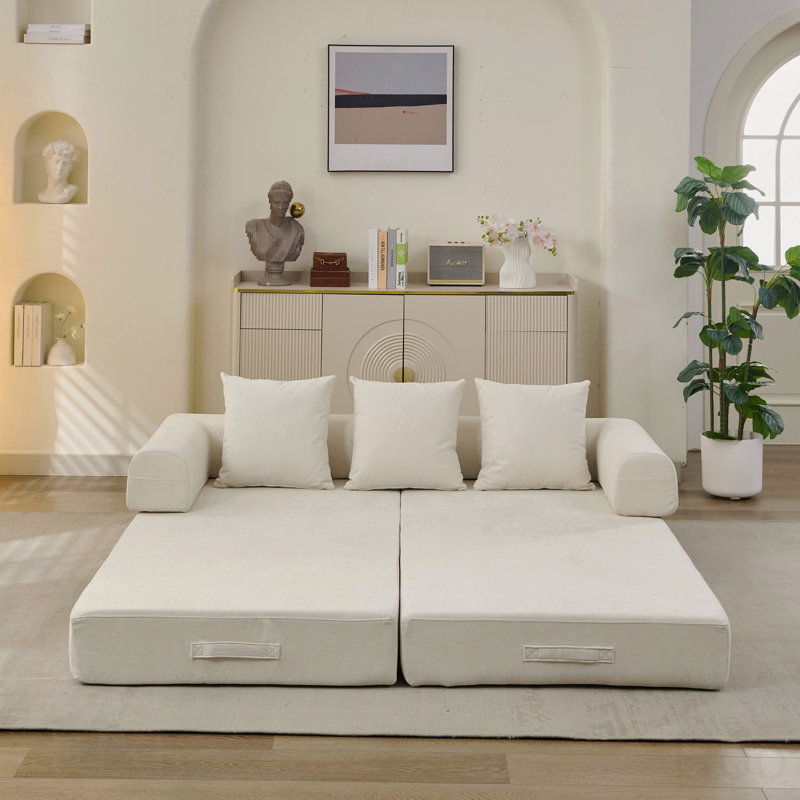 Chenille Convertible Sofa Bed: Foldable Mattress Couch, Floor Lounge, Armrest Support, Beige