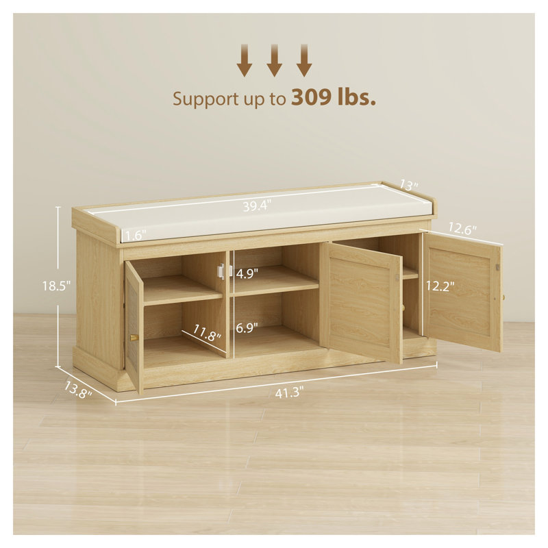 Banc de rangement pour chaussures avec portes en rotin tissé, organisateur de hall d'entrée blanc crème et chêne