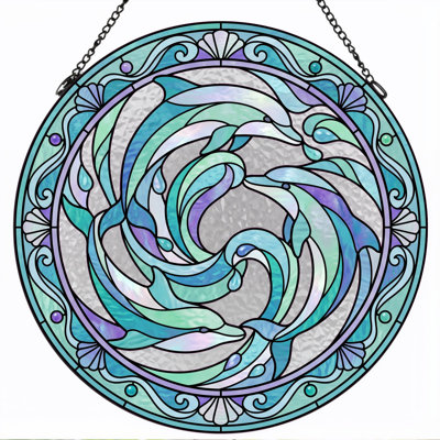 Swirling Dolphins Stained Glass Window Panel，7.8H