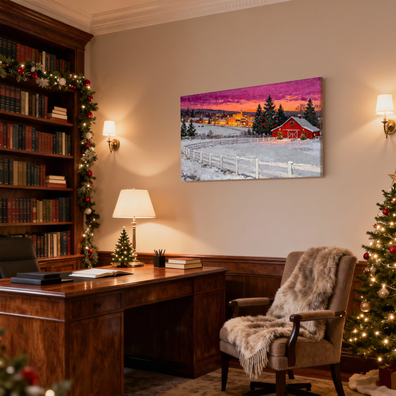 Paysage d'hiver de Noël avec grange rouge et champs enneigés, ensemble de 3 impressions sur toile, H 20 po x l 30 po