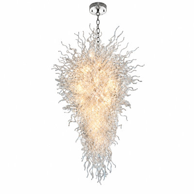 28" Modern White Hand-Blown Glass Cascade Chandelier with Curled Glass Accents