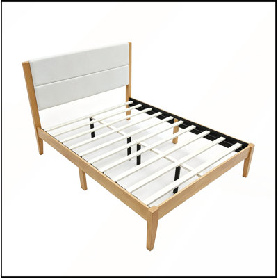 Full Size Mid-Century Modern Platform Bed Frame with Upholstered Headboard, Solid Wood Slat Support, No Box Spring Needed