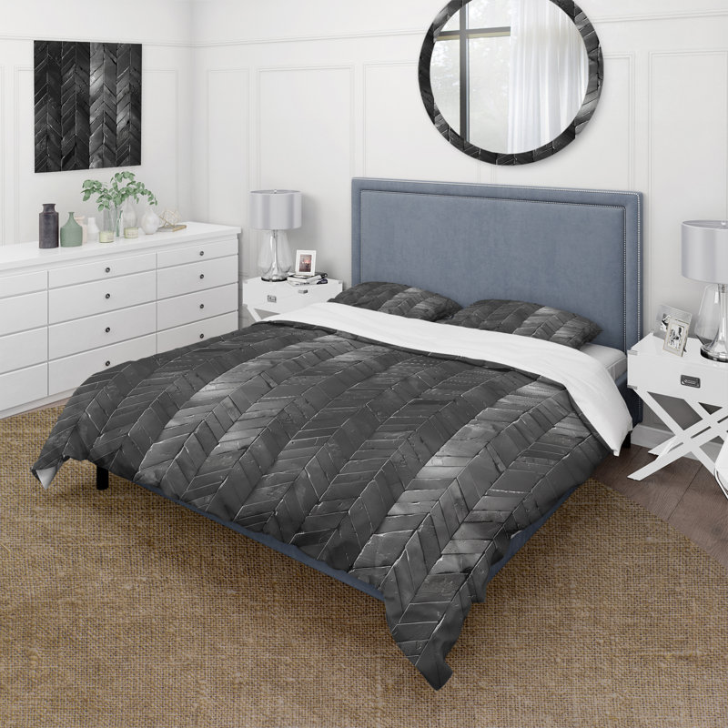 Ensemble de housse de couette noir gris à chevrons - Mid-Century, Housse de couette simple + 2 taies décoratives st