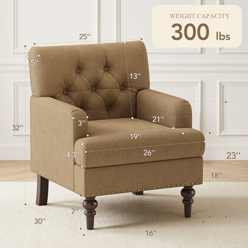 Tufted Accent Chair Ergonomic High Leg Armchair with Breathable Fabric Nailhead Trim, Brown